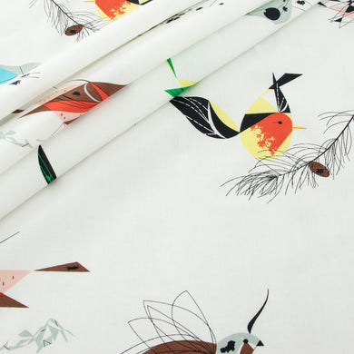 Flat layout of the main print from Charley Harper Western Birds collection at Global Fiber Shop.  Birds and branches on a white organic cotton background.