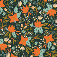 Fabric from Holiday Classics collection by Rifle Paper Company featuring a pattern of poinsettias and other holiday-themed plants on a dark background. Available at globalfibershop.com.