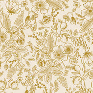A cream metallic fabric with a floral pattern designed by Rifle Paper Company, part of the Holiday Classics collection. Available at globalfibershop.com.